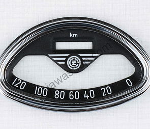 Glass of speedometer 120 km/h with frame (CZ 125 175 250 Kyvacka) / 